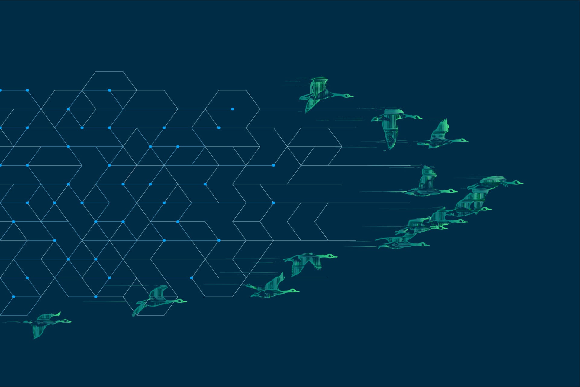 Canadian geese fly in a v formation over top of a geometric pattern. It represents Canada's National AI Institutes.